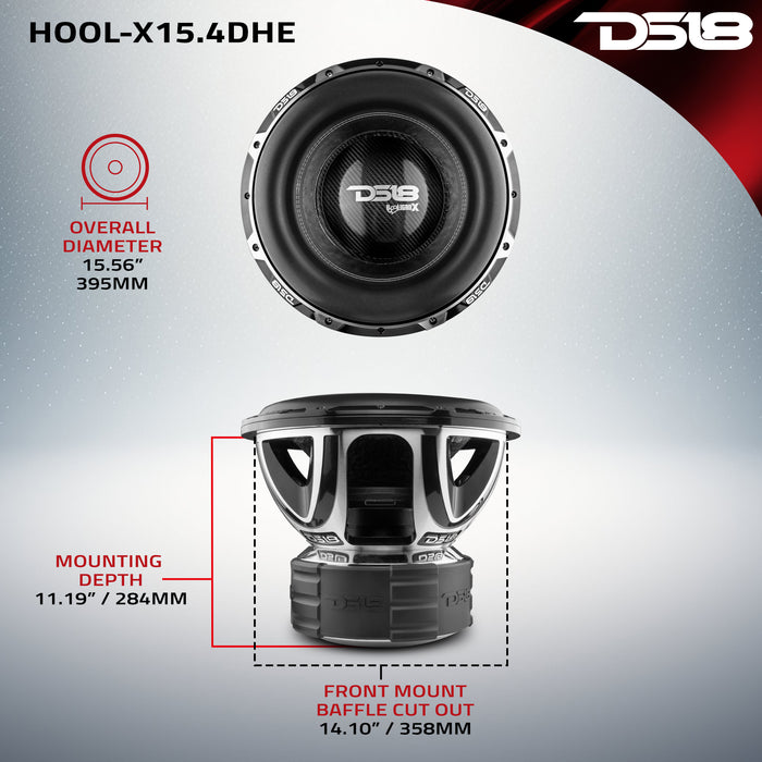 DS18 HOOL-X15.4DHE 15" High Excursion Subwoofer – 4000W RMS, 6000W Max, Dual 4-Ohm 4" Voice Coil