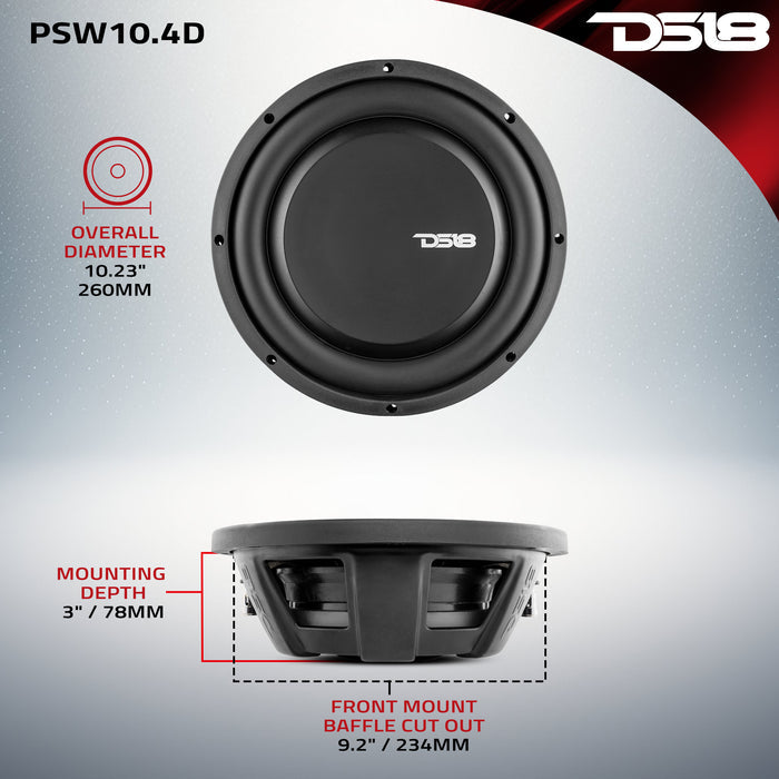 DS18 PSW10.4D 10" Dual 4-Ohm Shallow Mount Water-Resistant Subwoofer – 1000W Max, 500W RMS