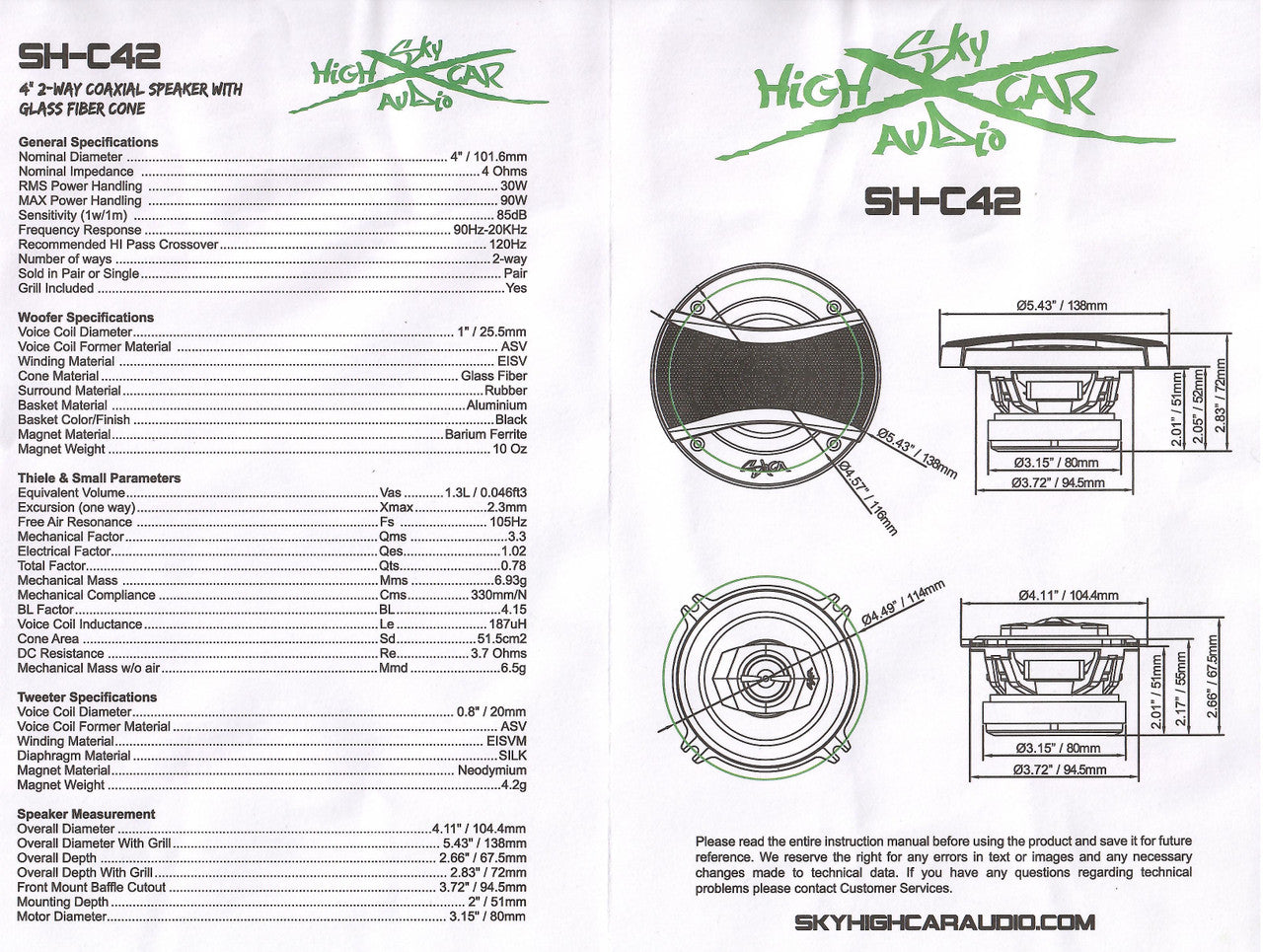 Sky High Car Audio C42 4" 2-Way Coaxial Speakers | Glass Fiber Cone + Pivoting Tweeter | 30W RMS (Pair)