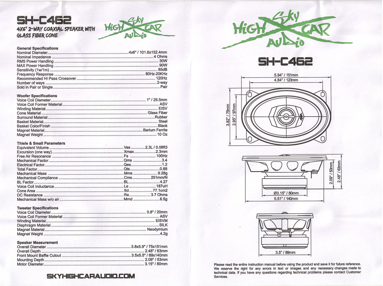 Sky High Car Audio C462 4x6" 2-Way Coaxial Speakers | Glass Fiber Cone + Pivoting Tweeter | 30W RMS (Pair)