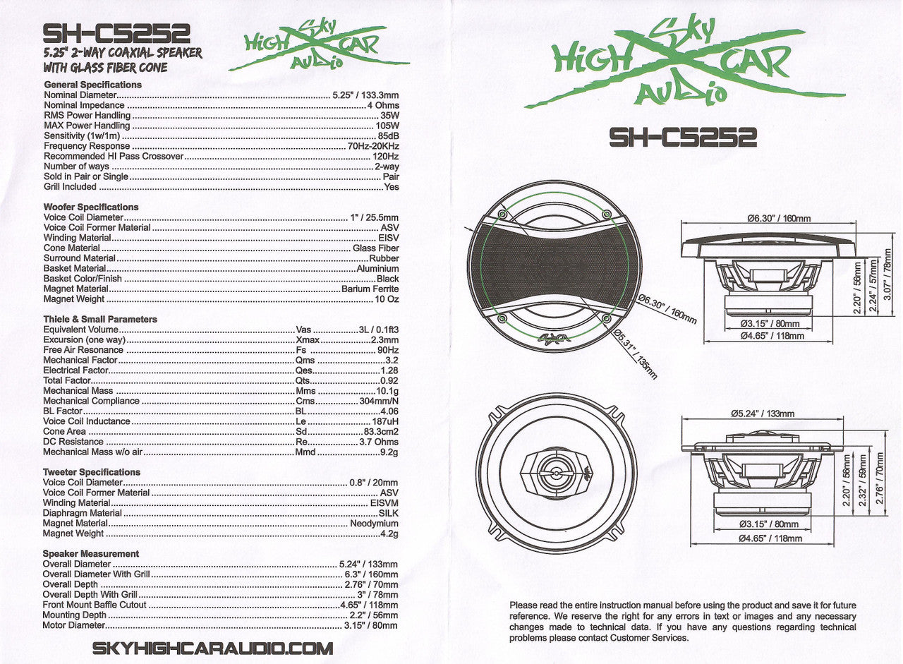 Sky High Car Audio SHCA-C525 5.25" 2-Way Coaxial Speakers | Glass Fiber Cone | 35W RMS (Pair)