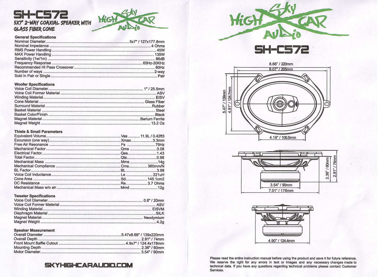 Sky High Car Audio SHCA-C572 5x7" 2-Way Coaxial Speakers | Glass Fiber Cone | 45W RMS (Pair)
