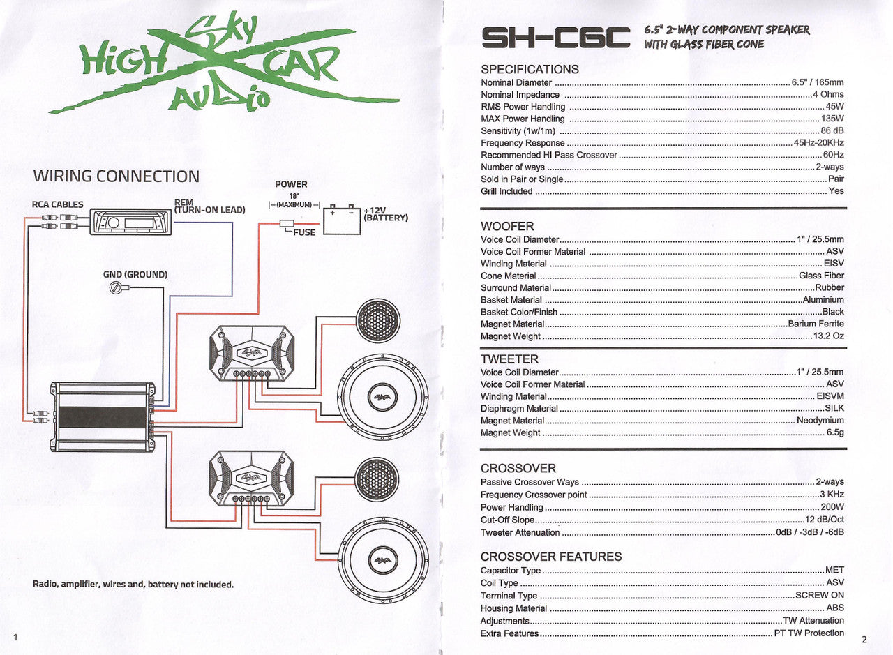 Sky High Car Audio C6C 6.5" 2-Way Component Speakers | Glass Fiber Cone | 45W RMS (Pair w/ Crossovers)