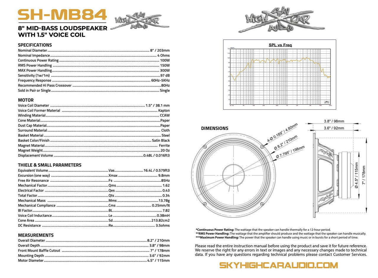Sky High Car Audio Pro Audio MB84 8" Mid-Bass Loudspeaker w/ 1.5" Voice Coil (Single)