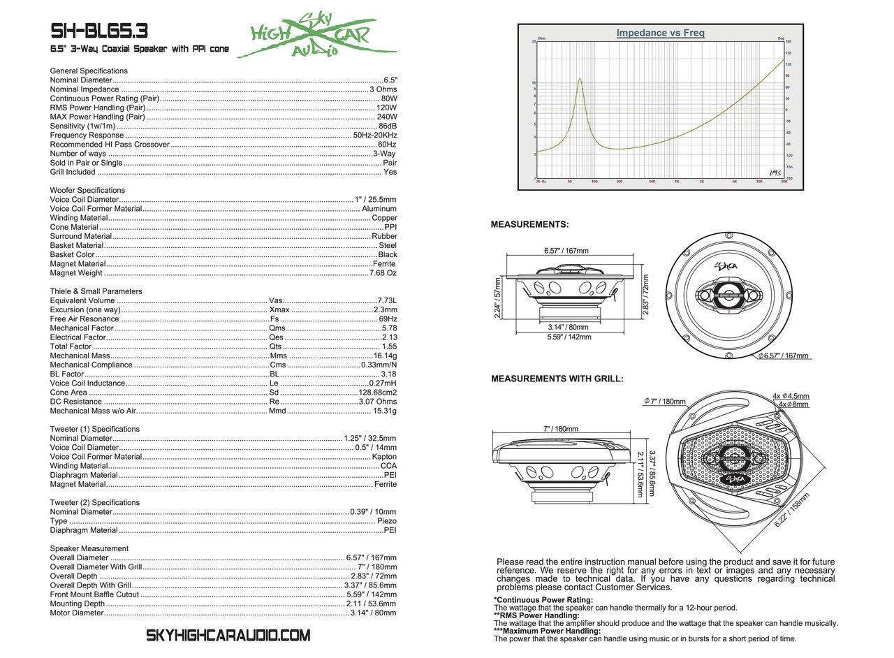 Sky High Car Audio SH-BL65.3 6.5" Coaxial Speakers | 120W RMS | 3Ω (Pair)