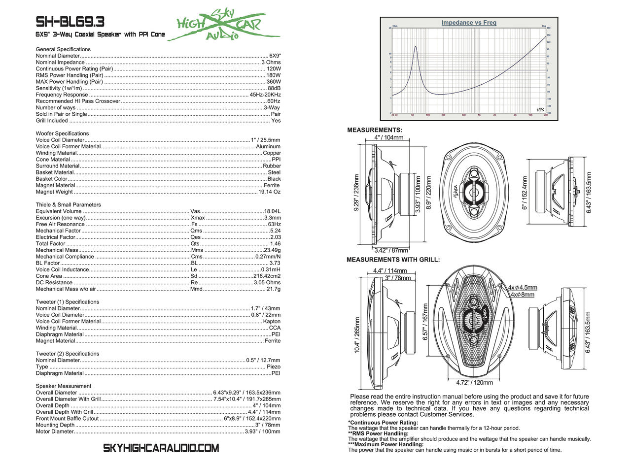 Sky High Car Audio SH-BL69.3 6x9" Coaxial Speakers | 180W RMS | 3Ω (Pair)