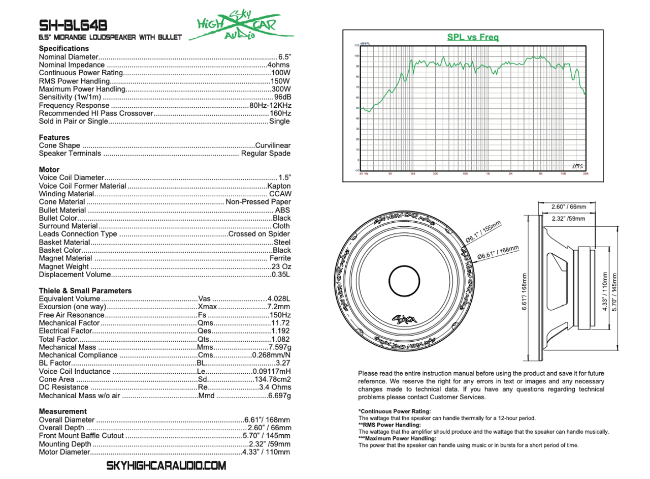 Sky High Car Audio SH-BL64B 6.5" 4Ω Bullet Midrange Loudspeaker (Single)