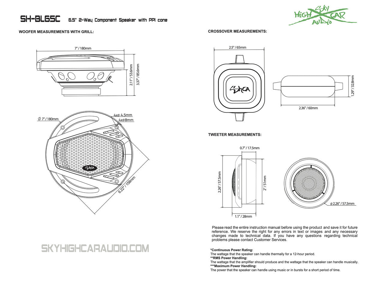 Sky High Car Audio SH-BL65C 6.5" 2-Way Component Speakers | 120W RMS | 3Ω Set (Pair)