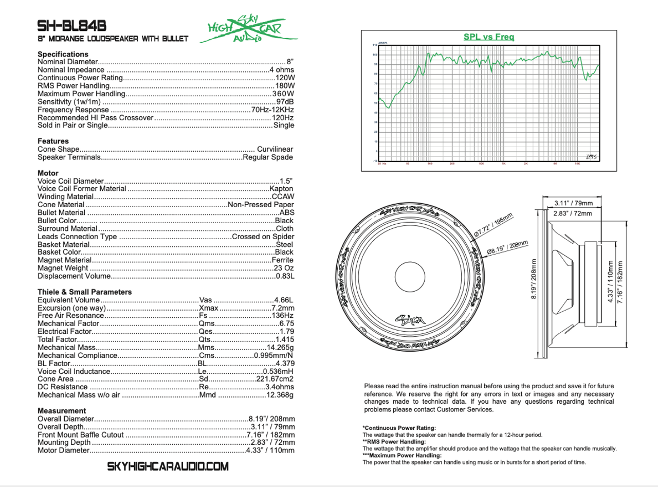 Sky High Car Audio SH-BL84B 8" 4Ω Bullet Midrange Loudspeaker (Single)