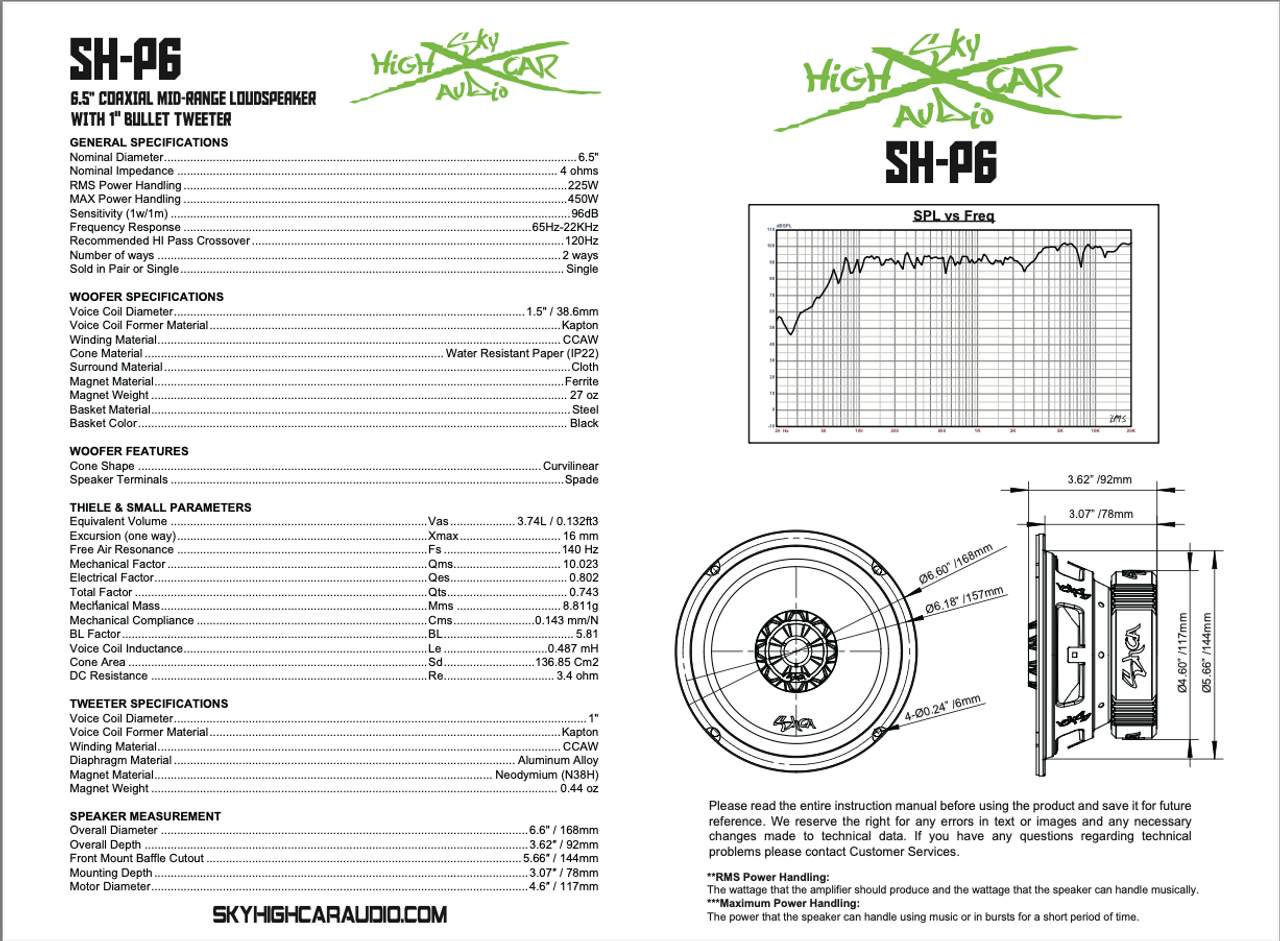Sky High Car Audio SH-P6 6.5" Coaxial Midrange Loudspeaker w/ 1" Bullet Tweeter (Single)