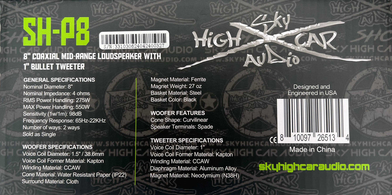 Sky High Car Audio SH-P8 8" Coaxial Midrange Loudspeaker w/ 1" Bullet Tweeter (Single)