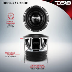 DS18 HOOL-X12.2DHE 12" High Excursion Subwoofer – 4000W RMS, 6000W Max, Dual 2-Ohm 4" Voice Coil