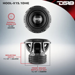 DS18 HOOL-X15.1DHE 15" High Excursion Subwoofer – 4000W RMS, 6000W Max, Dual 1-Ohm 4" Voice Coil