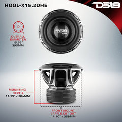 DS18 HOOL-X15.2DHE 15" High Excursion Subwoofer – 4000W RMS, 6000W Max, Dual 2-Ohm 4" Voice Coil