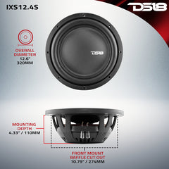 DS18 IXS12.4S – 12" Shallow Car Subwoofer 1600W 4-Ohm SVC