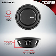 DS18 PSW10.4S 10" 4-Ohm Shallow Mount Water-Resistant Subwoofer – 1000W Max, 500W RMS