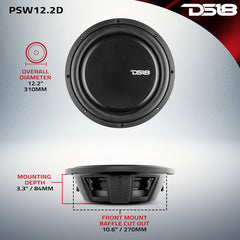 DS18 PSW12.2D 12" Dual 2-Ohm Shallow Mount Water-Resistant Subwoofer – 1200W Max, 600W RMS