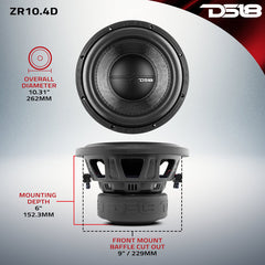 DS18 ZR10.4D 10" Car Subwoofer | 1400W Max, 700W RMS, Dual 4-Ohm