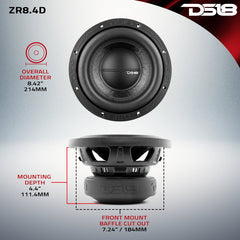 DS18 ZR8.4D 8" Car Subwoofer | 900W Max, 450W RMS, Dual 4-Ohm