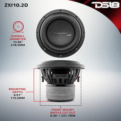 DS18 ZXI10.2D 10" High Excursion Subwoofer | 1600W Max, 800W RMS, Dual 2-Ohm