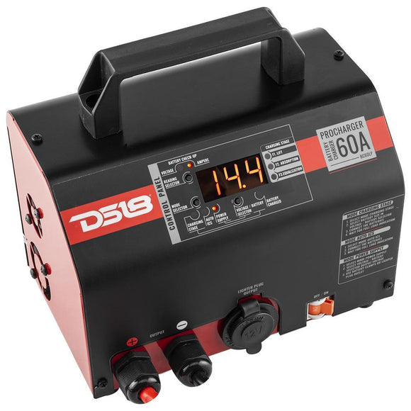 DS18 BC60LP 60 Ampere Selectable Charger and Power Supply. Good for Lead Acid, AGM, and Lithium Batteries Wire Clamps Included Made In Brazil