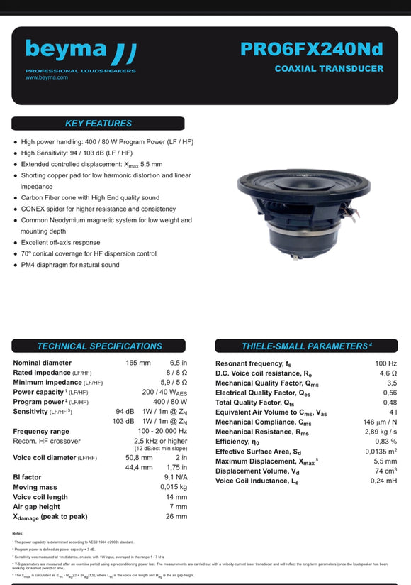 Beyma PRO6FX240ND HIGH POWER 6.5” COAXIAL SPEAKER