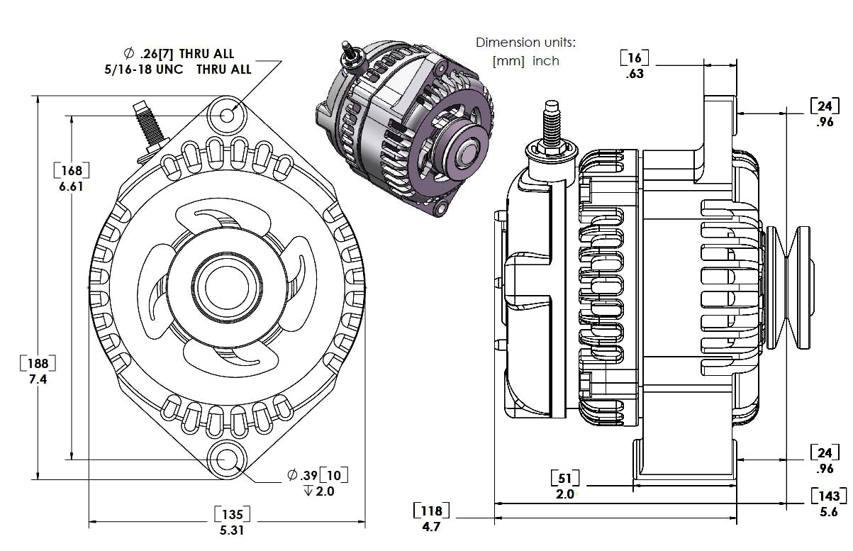 S Series 170 amp Racing alternator for 63-85 GM - 1 wire - BILLET finish