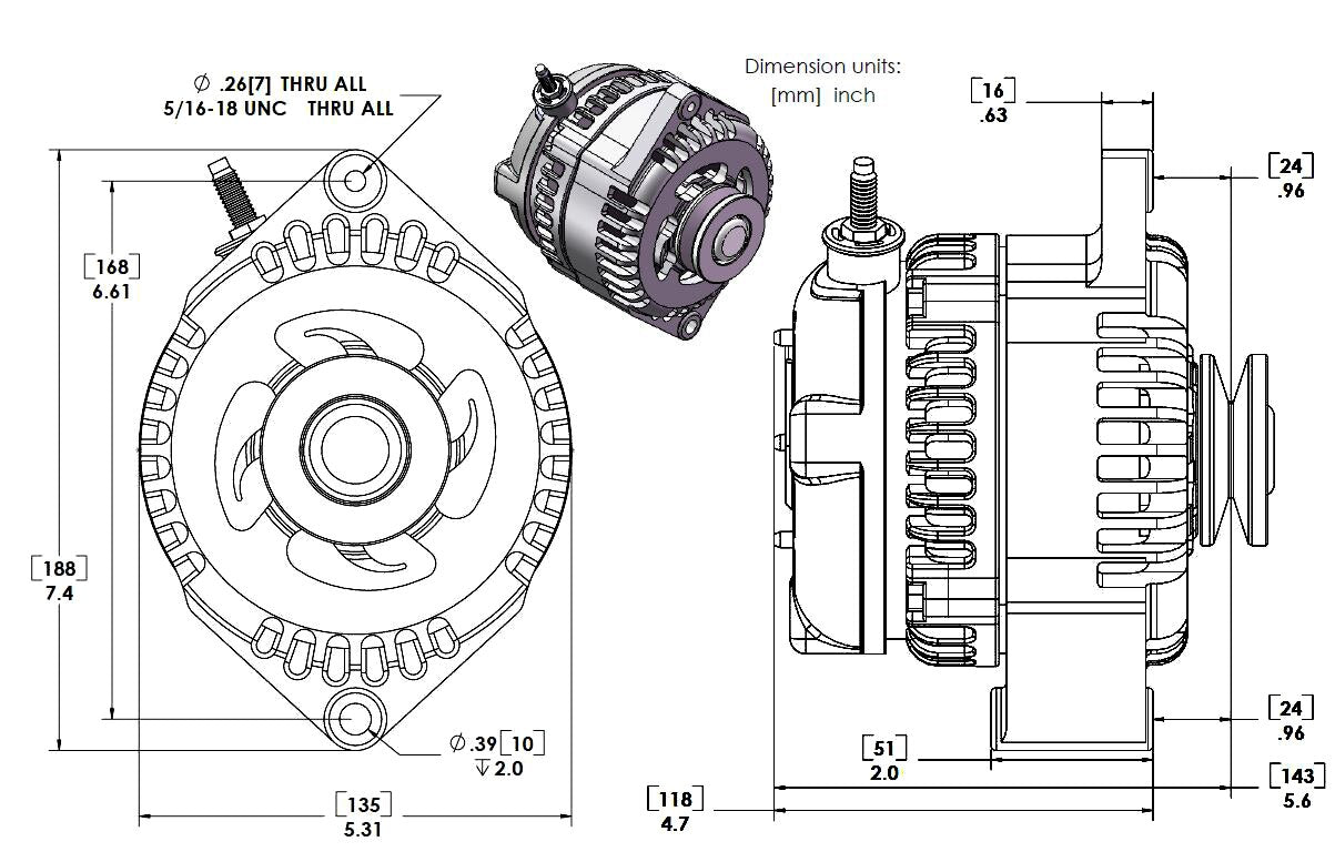 S Series 240 amp Racing alternator for 63-85 GM - 1 wire - BLACK ANODIZED