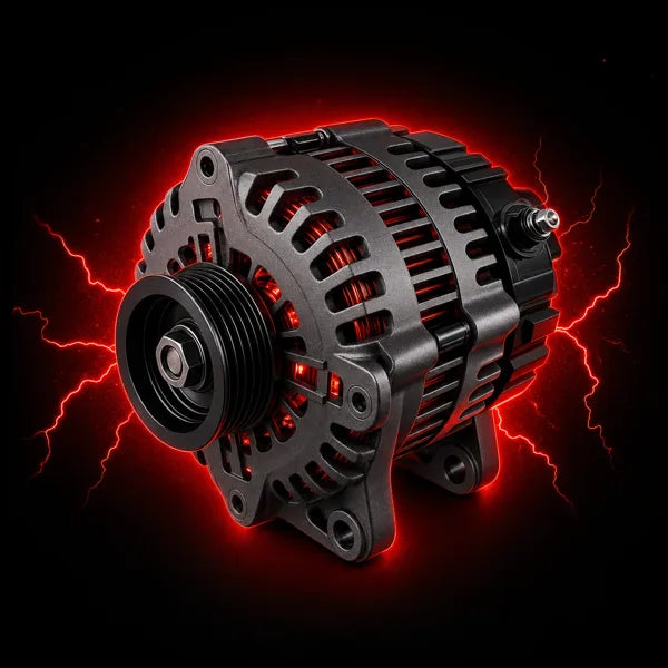 Graphic icon: high-output alternator with red electrical energy for car audio charging systems