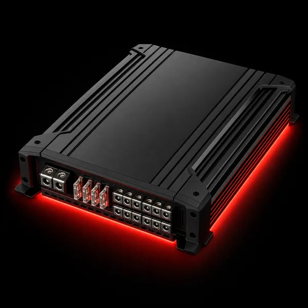 Graphic icon: car audio amplifier with power meter — mono and multi-channel