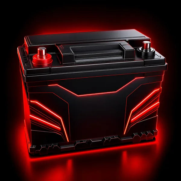 Graphic icon: high-output car battery and electrical components — lithium and AGM