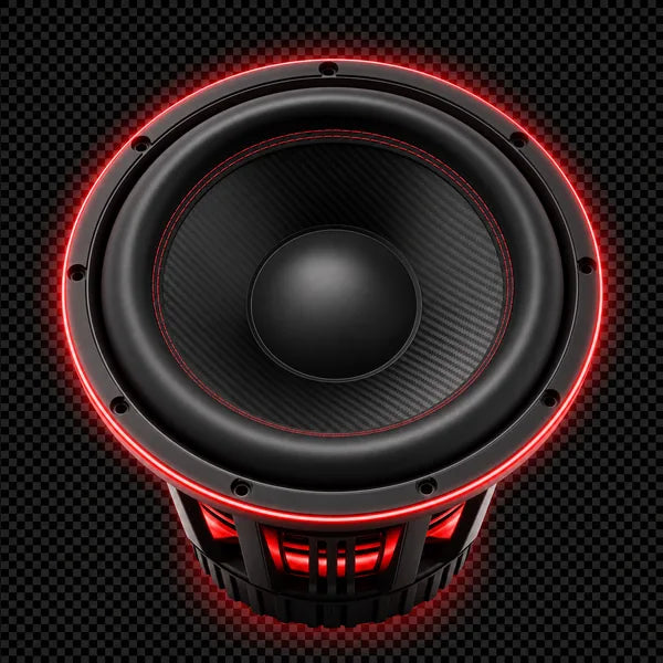 Graphic icon: car subwoofer speaker — deep bass SPL style